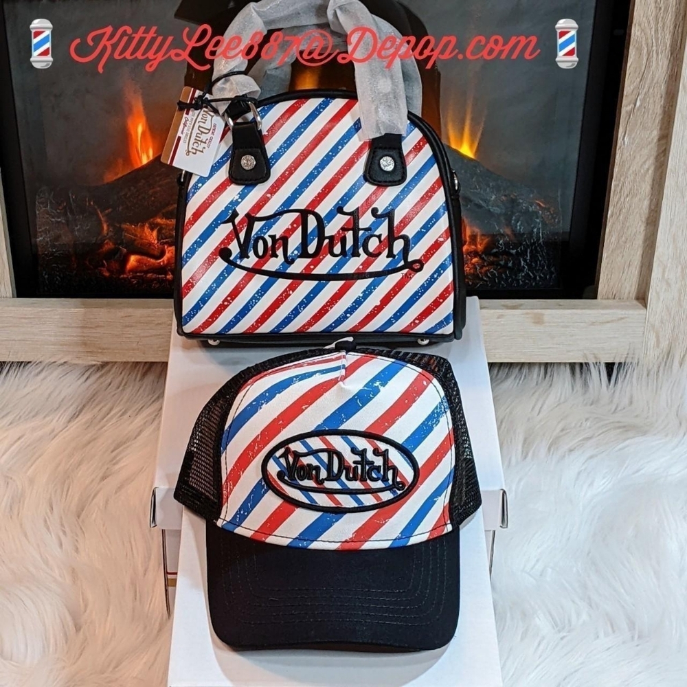 Sold out official Von Dutch Barbershop stripe bowling bag and hat bundle